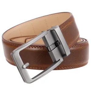 Macro detail of a vintage brown leather belt for men featuring a grey automatic buckle
