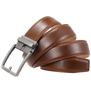 Detailed view of brown leather belt with vintage texture and sleek metal automatic buckle