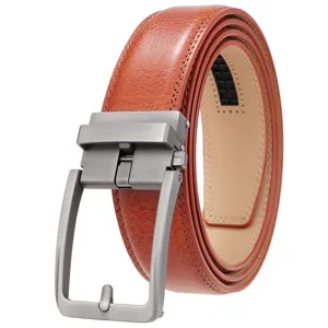 Detailed view of men's brown split leather belt with matte silver automatic buckle.