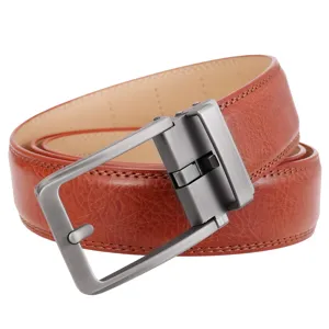 Detailed view of brown men's split leather belt with a brushed metal automatic buckle