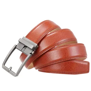 Detailed view of brown men's split leather belt featuring a sleek grey automatic buckle