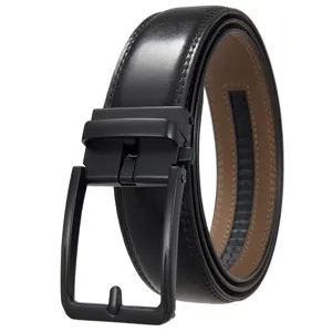 Side detail view of a men's black leather belt with a matte black automatic buckle.
