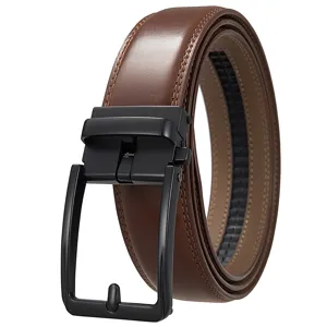 High-quality detail of a men's brown leather belt featuring a black automatic buckle