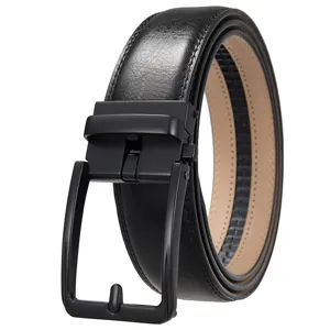 Macro view of men's black leather belt with matte black automatic ratchet buckle