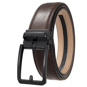 Detailed view of a brown split cowhide leather belt with a black automatic buckle