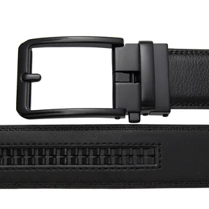 Detail view of men's black leather belt with matte automatic ratchet buckle.