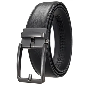 Close-up of men's automatic buckle leather belt with gunmetal finish and texture.