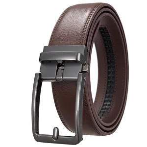 Detail of men's dark brown leather ratchet belt with premium matte black buckle finish.