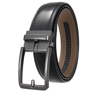 Detail view of a men's black leather ratchet belt with a premium gunmetal buckle.