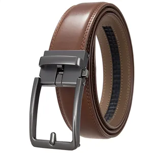 High-quality detailed close-up of men's brown leather belt with automatic buckle.