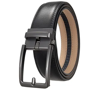 Close-up of men's black leather belt featuring a matte gray metal automatic buckle
