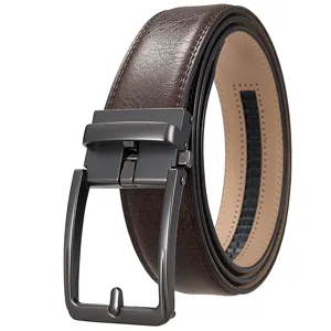 Close-up of men's leather belt with gun-metal automatic buckle and textured finish