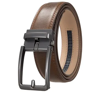 Close-up of brown men's leather belt featuring a dark metallic automatic buckle