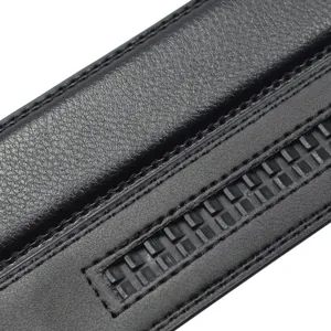 Close-up macro detail of black split leather belt with precision stitching and track