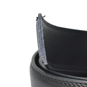 Close-up detail of men's black leather belt showing edge stitching and texture