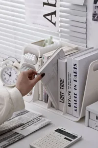 White multi-compartment desktop book organizer for office study and stationery storage