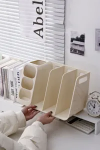 Multi-functional cream desk organizer featuring file sections and vertical pen holders