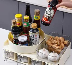 Multi-functional rotating kitchen spice rack with drawers and clear storage bins