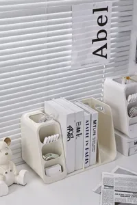 Multifunctional creamy white desktop bookrack and stationary organizer for office and study desk