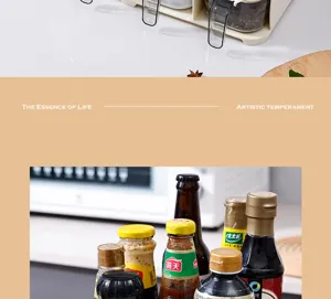 Close-up detail of a white kitchen spice rack organizer with various seasoning bottles