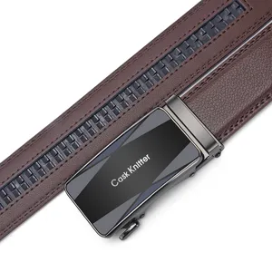 Close-up of Cask Knltter men's brown leather belt showing automatic buckle and stitching