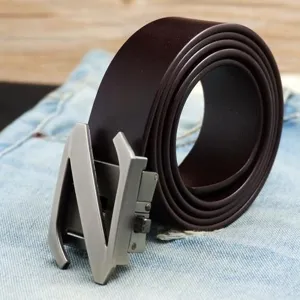 Close-up of a premium brown leather belt with a sleek silver Z-shape automatic buckle