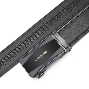 Close-up of Cask Knltter men's leather belt buckle with automatic locking mechanism