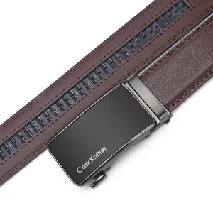 Close-up detail of Cask Knitter men's brown leather belt with a black automatic metal buckle
