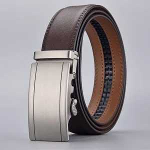 Men Business Casual Genuine Leather Belt Automatic Buckle Brushed Alloy Head Saffiano Cowhide Leather Waist Strap For Men