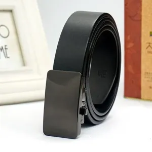 Detailed close-up of a premium black men's leather belt with matte automatic buckle.