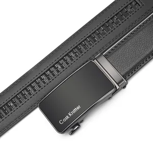 Detailed view of Cask Knltter men's black leather belt with automatic ratchet buckle