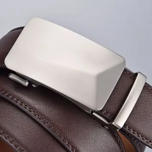 Men's business casual leather belt with brushed silver automatic buckle, 3.5cm width
