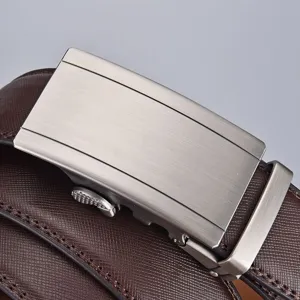 Classic men's brown leather belt featuring a brushed silver automatic buckle for business
