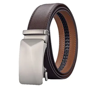 Classic men's brown split leather belt with automatic silver buckle for business