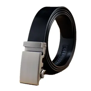 Premium men's black genuine leather belt with a sleek automatic silver metal buckle