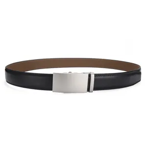 Close-up detail of men's genuine leather belt with crack texture and silver automatic buckle.
