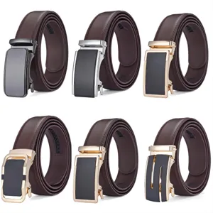 Premium men's brown leather belts featuring six different elegant automatic buckle styles