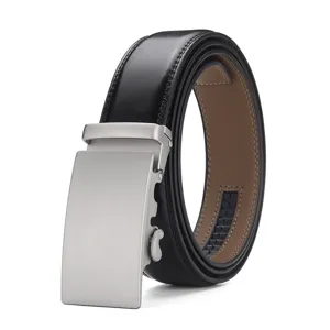 Men's Genuine Leather Belt Business Automatic Buckle Cowhide Waist Strap For Suit Trousers Elegant Minimalist Matte Black Brown Coffee