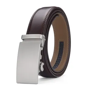 Professional dark brown genuine leather belt for men featuring a silver brushed automatic buckle
