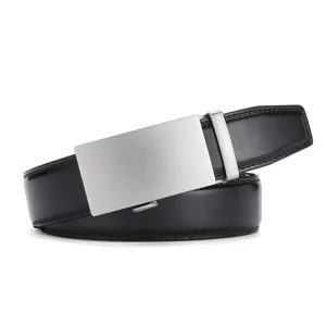 Men's black genuine leather belt with sleek silver automatic buckle for business