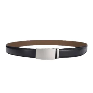 Minimalist men's genuine black leather business belt featuring a silver automatic plate buckle