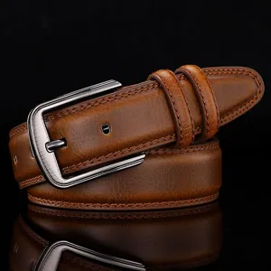 Vintage brown genuine leather belt for men featuring a classic metal pin buckle design