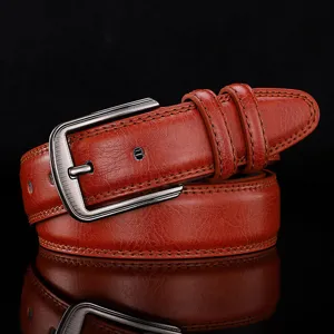 Vintage brown genuine leather men's belt with classic metal pin buckle design
