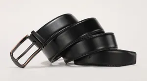 Detail shot of a black genuine leather business belt with a gunmetal pin buckle