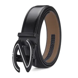 Detail view of men's black leather belt with matte Z-shape automatic buckle, 3.5cm width.
