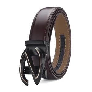 Close-up detail of a men's brown genuine leather belt with a black Z-shaped automatic buckle
