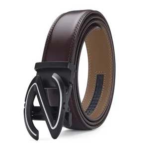Close-up of men's leather belt featuring a matte black Z-shaped automatic buckle