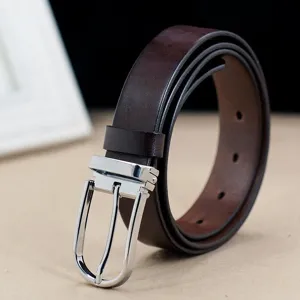 Close-up of a men's dark brown leather belt with a polished silver-tone pin buckle.