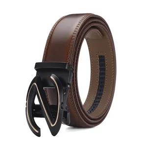 Classic brown leather belt for men featuring a modern black Z-shape automatic buckle