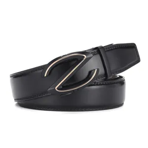 Close-up of black genuine cowhide leather men's belt with stylized Z automatic buckle